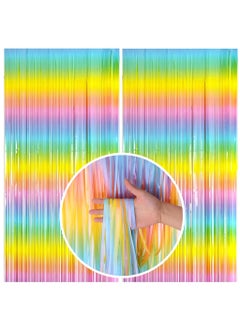 Zibuyu ZIBUYU® 2 Pack Rainbow Fringe Table Skirt Room Decor Gradient Multi Color Plastic Fringe Table Skirt Wall Decoration Vibrant Coloful Backdrop Decorative Curtains Table Skirt for Party, Festivals  - Image 1