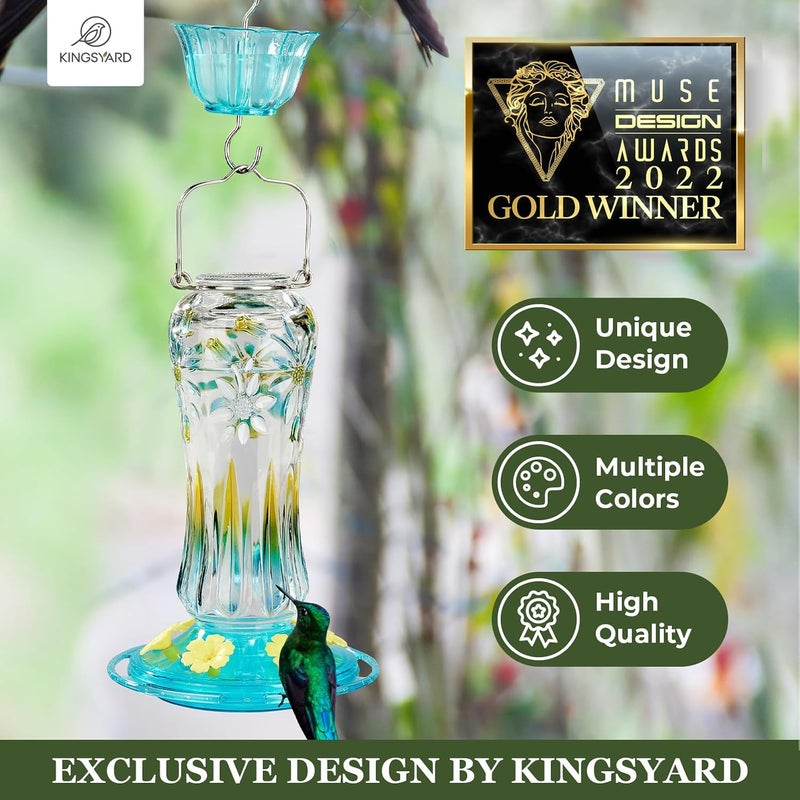 Kingsyard مغذي الطيور الطنانة من للتعليق في الهواء الطلق، سعة 25 أونصة، مغذي رحيق الطيور الطنانة زجاجي مع حاجز النمل و6 منافذ تغذية، مانع للتسرب، فيروزي - Image 2