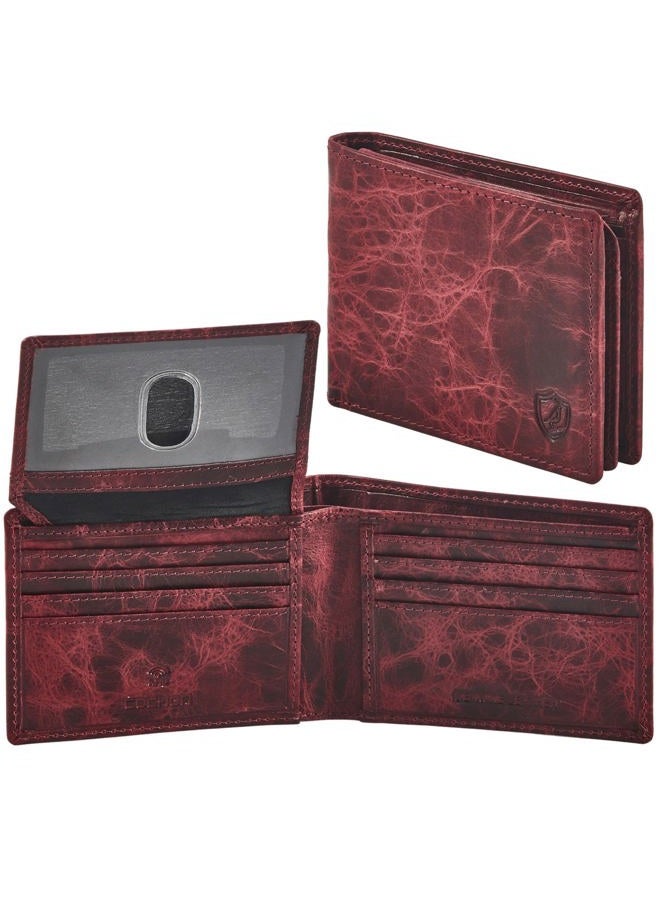 COCHOA Men's Real Leather RFID Blocking Bifold Wallet Stylish Anti Theft Security With 2 ID Window, WINE, 3.25 x 4.25 x 0.4 , Vintage - Image 1