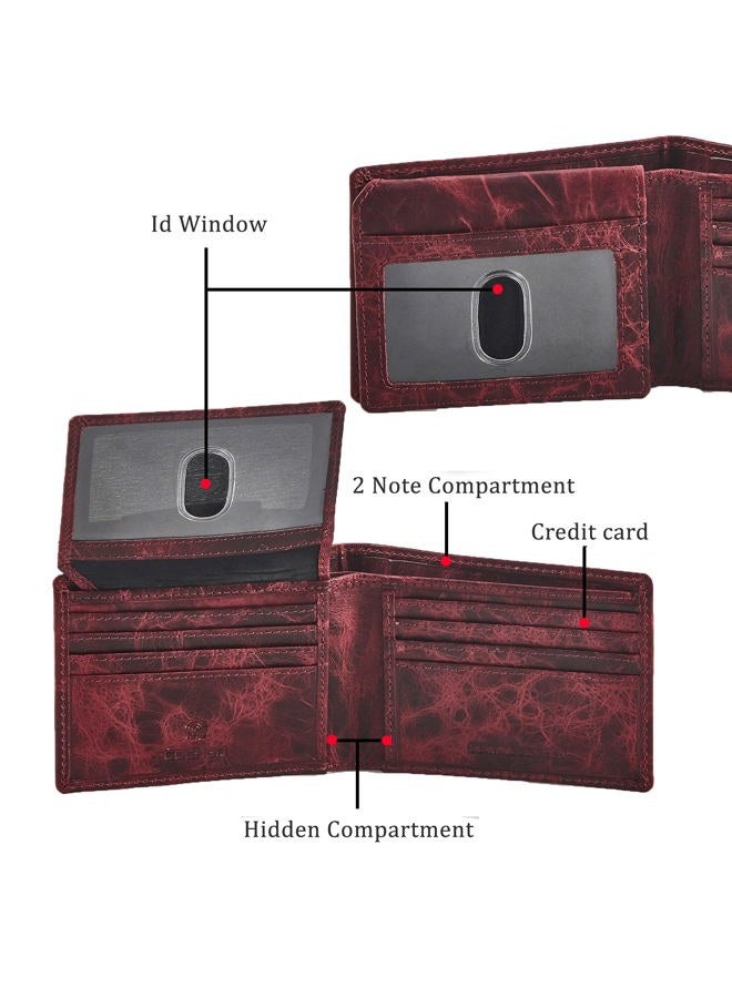 COCHOA Men's Real Leather RFID Blocking Bifold Wallet Stylish Anti Theft Security With 2 ID Window, WINE, 3.25 x 4.25 x 0.4 , Vintage - Image 2