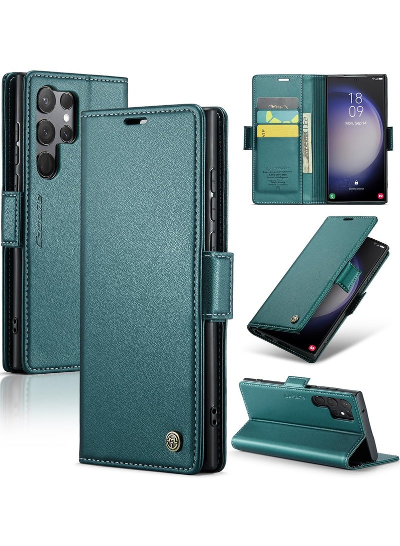 CaseMe Phone Case Luxury PU Leather Design Anti Fingerprint 023 Flip Cover Card Slot Holder Cover For Samsung Galaxy S23 Ultra (Green) - Image 1