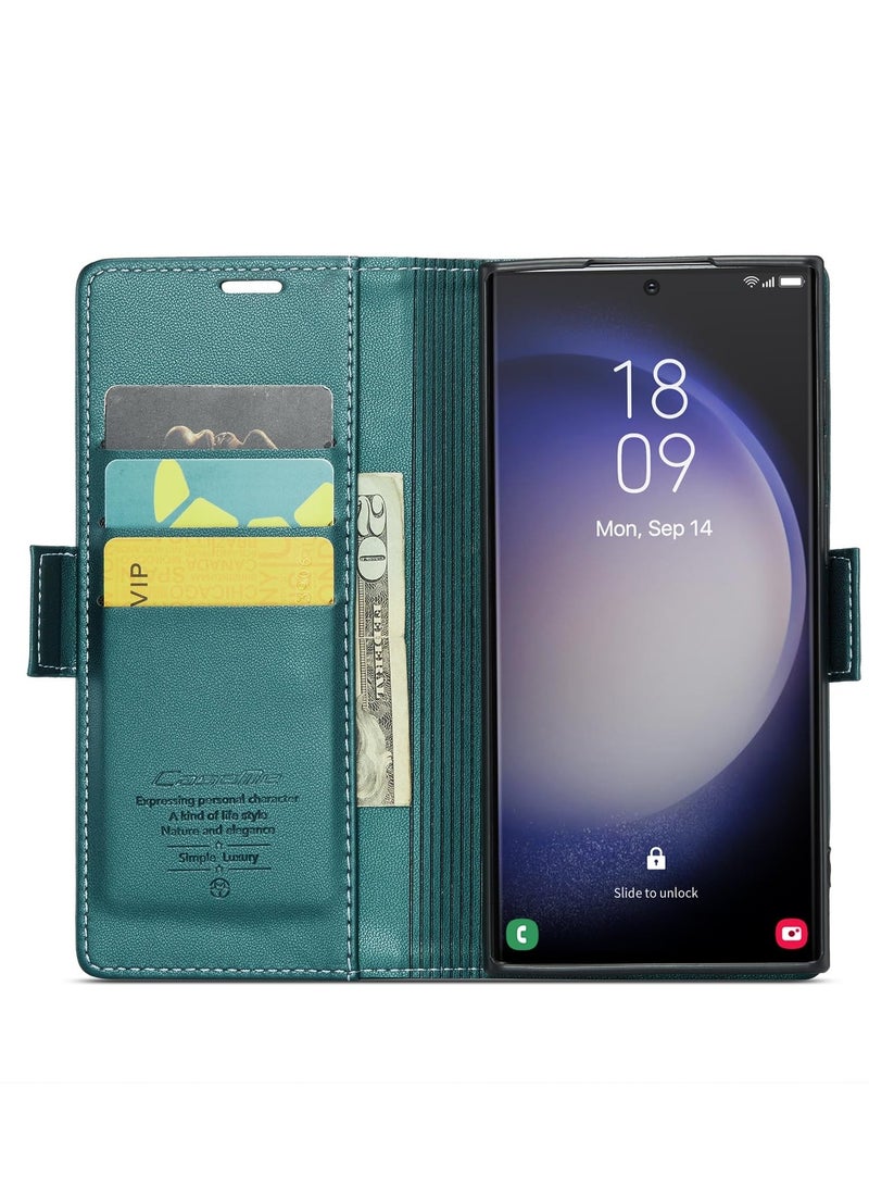 CaseMe Phone Case Luxury PU Leather Design Anti Fingerprint 023 Flip Cover Card Slot Holder Cover For Samsung Galaxy S23 Ultra (Green) - Image 4