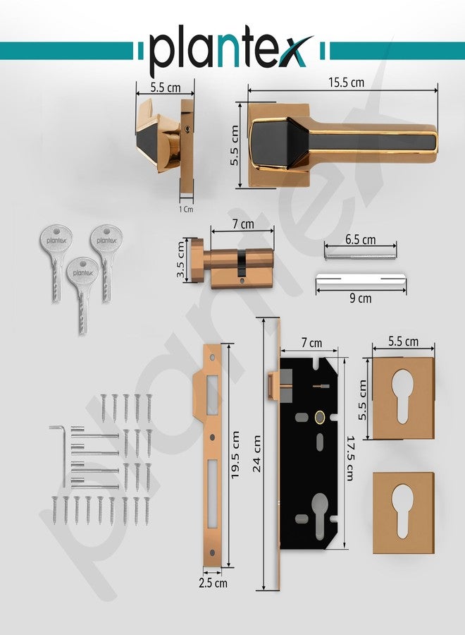 Plantex Brass, Zinc Mortise Door Lock For Main Door/Premium Handle Lock Set For Home With 3 Years Warranty (Rose Gold & Black) - Image 5