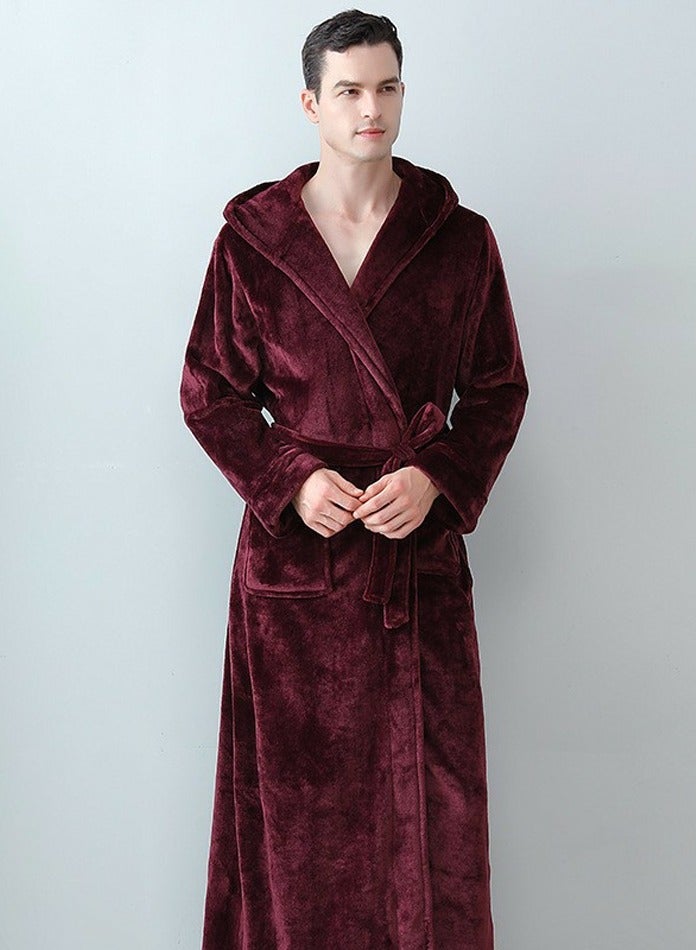 إسكدنيا جنس واحد الشتاء طويل سميكة مغطاة الشعاب المرجانية الصوف فستان ليلي رداء حمام النبيذ الأحمر - Image 1