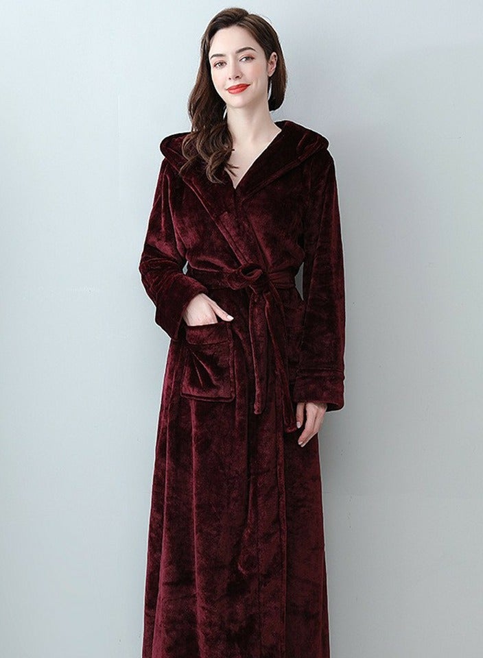 إسكدنيا جنس واحد الشتاء طويل سميكة مغطاة الشعاب المرجانية الصوف فستان ليلي رداء حمام النبيذ الأحمر - Image 2