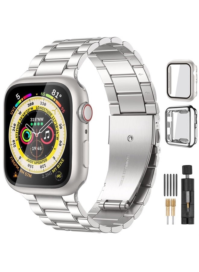 Lerobo Compatible for Apple Watch Band 40mm 41mm 38mm 42mm 44mm 45mm,Solid Stainless Steel Metal iwatch Bands with 2 Pack Protective Cases for iWatch Series 8 7 6 5 4 3 2 1 SE/SE2 Men Women Starlight - Image 1