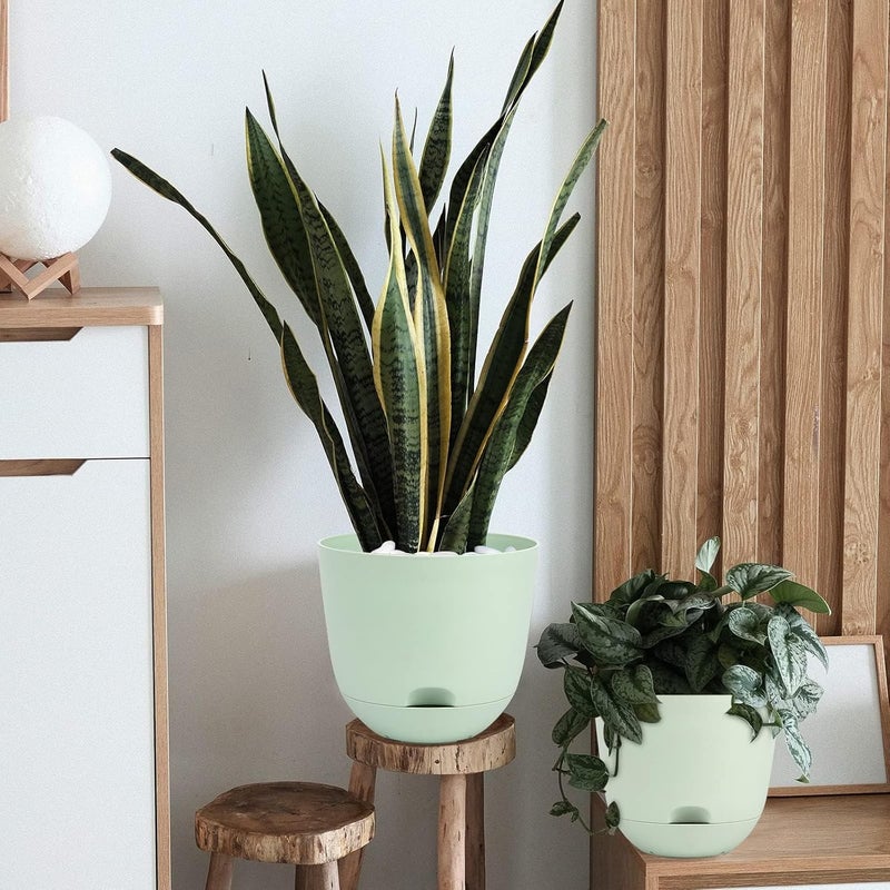 Azonee 3 Pack 8 Inch Plant Pots, Plastic Self Watering Planter with Deep Reservoir and High Drainage Holes, for Outdoor, Indoor and Garden (Green) - Image 4