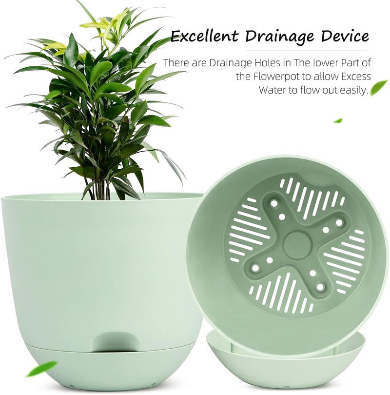 Azonee 3 Pack 8 Inch Plant Pots, Plastic Self Watering Planter with Deep Reservoir and High Drainage Holes, for Outdoor, Indoor and Garden (Green) - Image 3