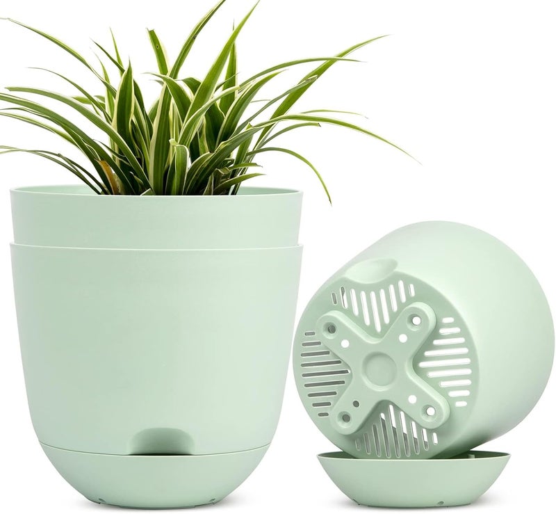 Azonee 3 Pack 8 Inch Plant Pots, Plastic Self Watering Planter with Deep Reservoir and High Drainage Holes, for Outdoor, Indoor and Garden (Green) - Image 1