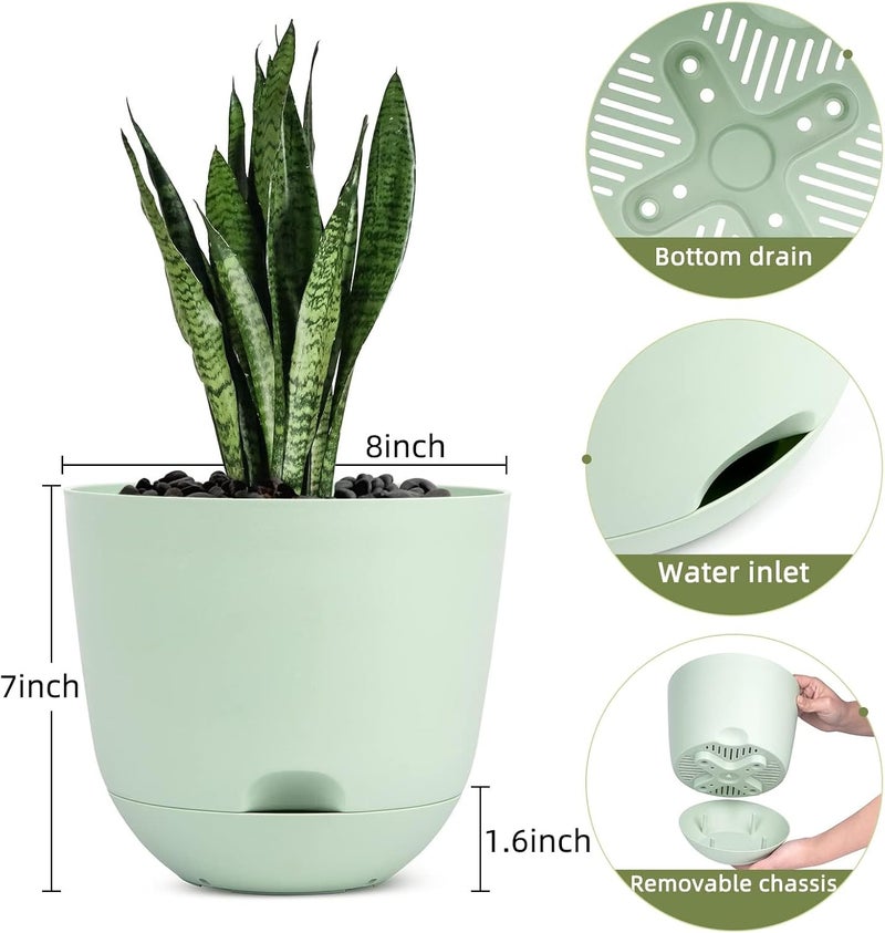 Azonee 3 Pack 8 Inch Plant Pots, Plastic Self Watering Planter with Deep Reservoir and High Drainage Holes, for Outdoor, Indoor and Garden (Green) - Image 2