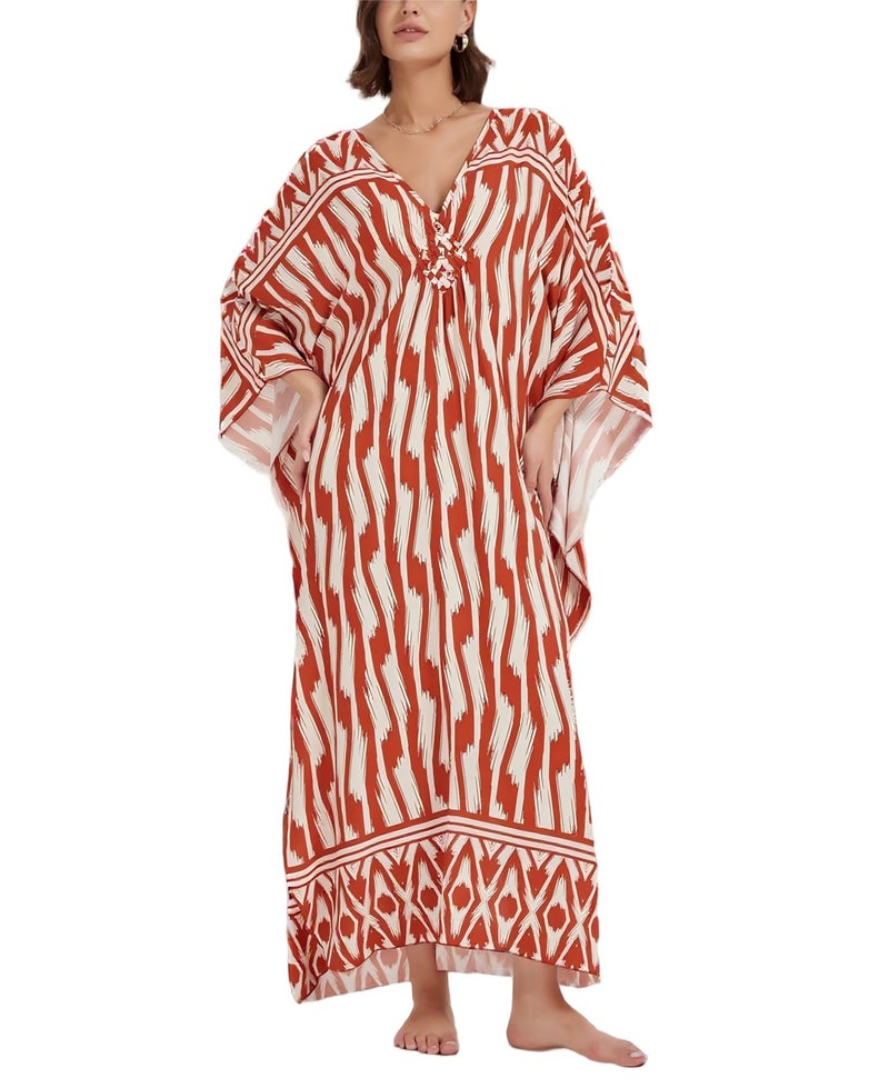 IMAGEKOPE Kaftan Dresses for Women Plus Size V-Neck Moo Moos Batwing Kaftan Beach Dress Bathing Suit Cover-Up Loungewear - Image 1