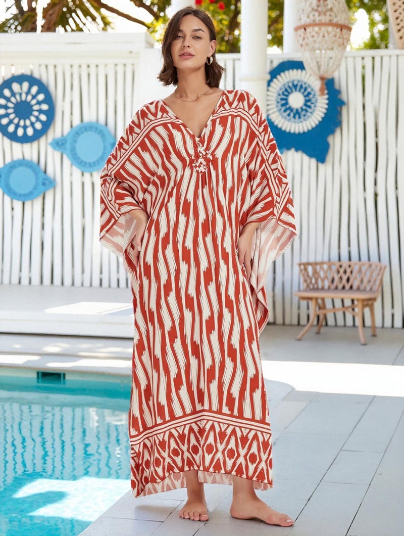 IMAGEKOPE Kaftan Dresses for Women Plus Size V-Neck Moo Moos Batwing Kaftan Beach Dress Bathing Suit Cover-Up Loungewear - Image 2