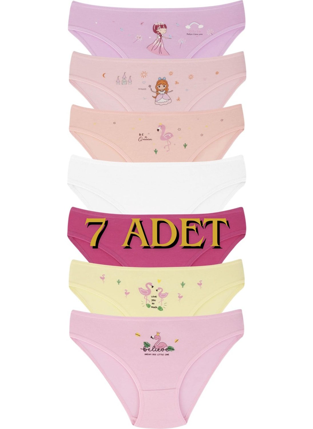EQru Girls 7 Pieces Princess and Flamingo Patterned Mixed Color 7 Piece Panties  - Image 1