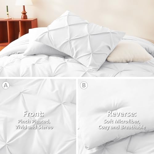 HIMEET Pintuck Bed in a Bag, 7 Pieces Queen Size Comforter Set White, Luxury Pinch Pleat Bed in a Bag, Soft All Season Bedding Sets with Comforter, Flat Sheet, Fitted Sheet and Pillowcases & Shams - Image 3