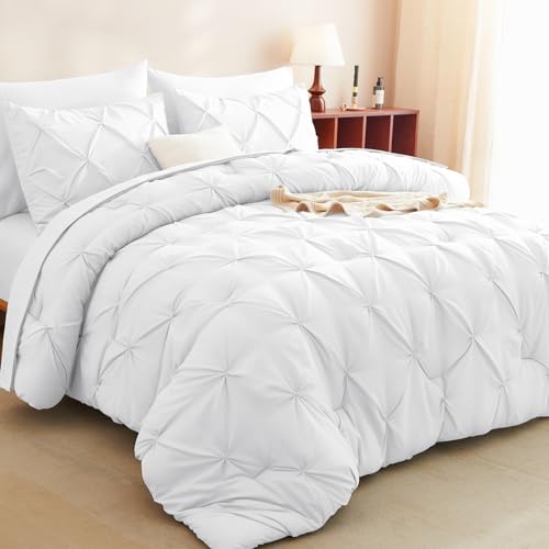HIMEET Pintuck Bed in a Bag, 7 Pieces Queen Size Comforter Set White, Luxury Pinch Pleat Bed in a Bag, Soft All Season Bedding Sets with Comforter, Flat Sheet, Fitted Sheet and Pillowcases & Shams - Image 5