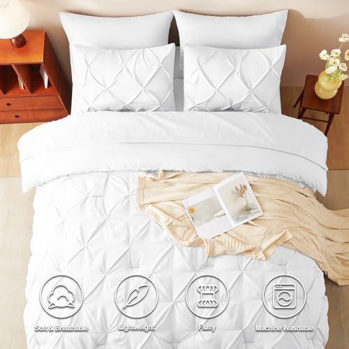 HIMEET Pintuck Bed in a Bag, 7 Pieces Queen Size Comforter Set White, Luxury Pinch Pleat Bed in a Bag, Soft All Season Bedding Sets with Comforter, Flat Sheet, Fitted Sheet and Pillowcases & Shams - Image 2