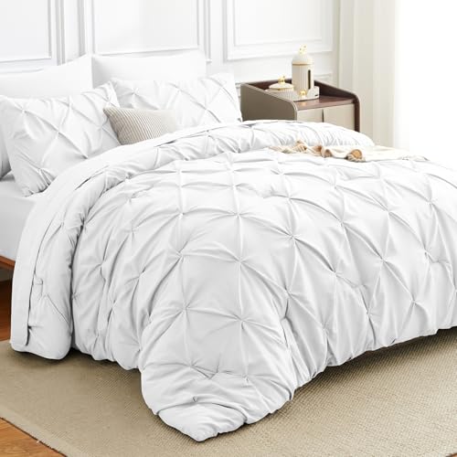 HIMEET Pintuck Bed in a Bag, 7 Pieces Queen Size Comforter Set White, Luxury Pinch Pleat Bed in a Bag, Soft All Season Bedding Sets with Comforter, Flat Sheet, Fitted Sheet and Pillowcases & Shams - Image 1