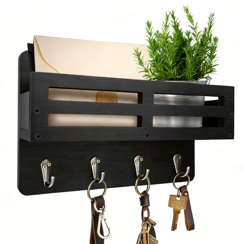 KISENG Key Holder Wall Mount, 10 inch Decorative Key and Mail Holder for Wall, with Mail Organizer & 4 Key Hooks, Rustic Wooden Key Rack for Hanging Dog Leash Sunglasses, Entryway Key Hanger, Black - Image 1