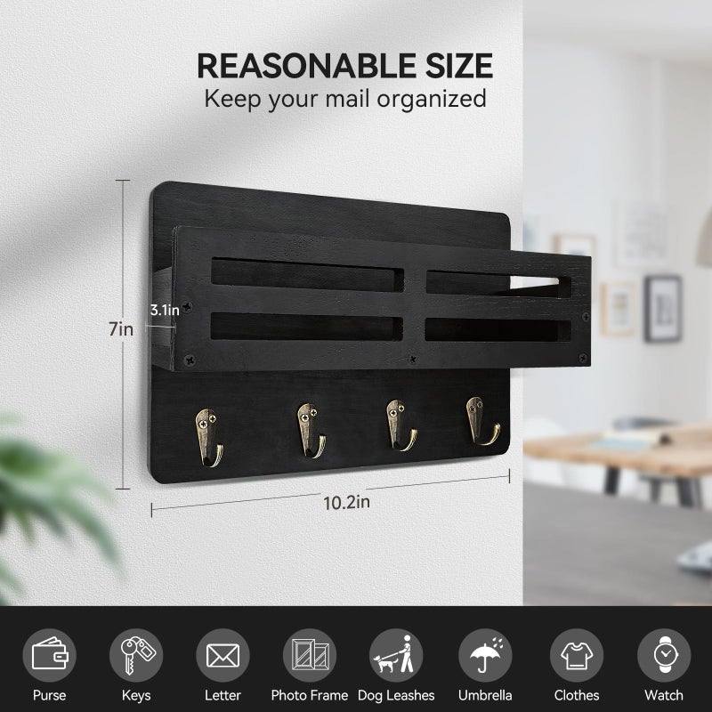 KISENG Key Holder Wall Mount, 10 inch Decorative Key and Mail Holder for Wall, with Mail Organizer & 4 Key Hooks, Rustic Wooden Key Rack for Hanging Dog Leash Sunglasses, Entryway Key Hanger, Black - Image 2