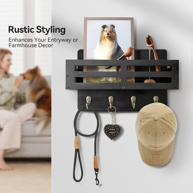 KISENG Key Holder Wall Mount, 10 inch Decorative Key and Mail Holder for Wall, with Mail Organizer & 4 Key Hooks, Rustic Wooden Key Rack for Hanging Dog Leash Sunglasses, Entryway Key Hanger, Black - Image 5