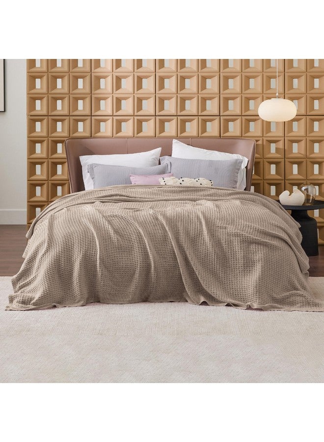 Bedsure Bedsure 100% Cotton Blanket Queen Size for Bed - Breathable and Soft, Waffle Weave Blanket for Summer Spring, Tan, 90x90 Inches  - Image 2
