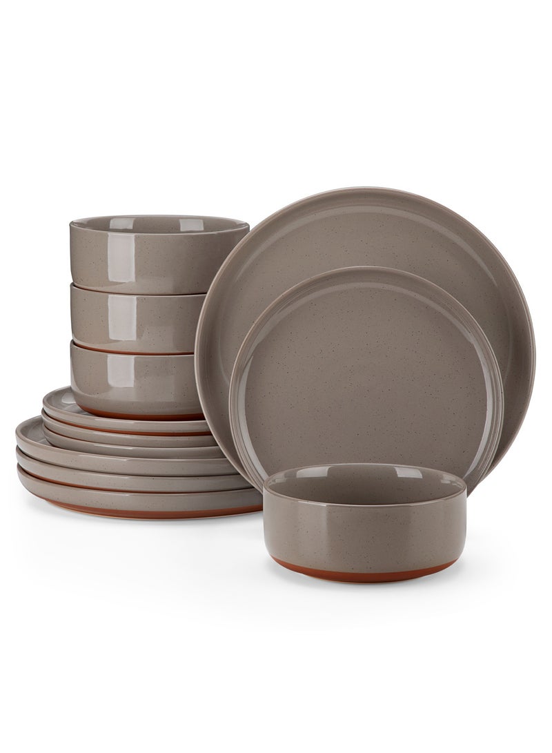 مجموعة عشاء من 12 قطعة من سيراميك حجري، تشمل أطباق عشاء وأطباق حلوى وأوعية، ل4 أشخاص، سطح مطلي بالسمسم - Image 1
