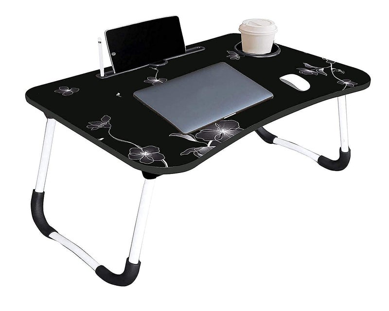 Maruti Creation Foldable Black Flower Printed Laptop Table with Cup Holder Study Table Bed Table Breakfast Table PortableErgonomic Rounded EdgesNonSlip Laptop Table Black Flower Printed - Image 5