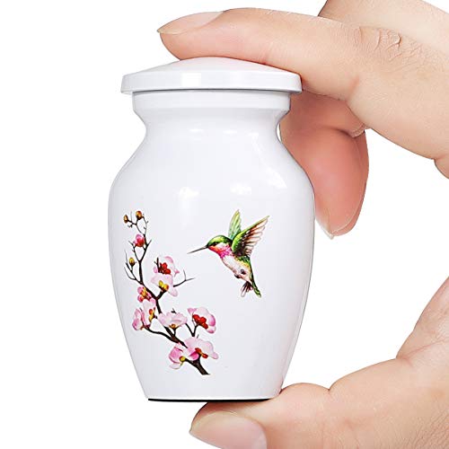 ICOKEE Hummingbird Small Urn for Human Ashes or Pet Ashes - Aluminum Cremation Mini Urn for Ashes - White Memorial Keepsake Urn - Qty 1- with Velvet Bag - Image 1