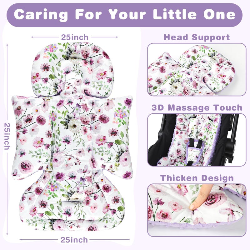 GFU 3-in-1 Infant Car Seat Insert, Soft Head and Body Support,Ultra & Strap Covers Set, Reversible Newborn Car Seat Cushion Pad for Baby Boy & Girl fits Stroller, Swing, Bouncer (Purple Flowers) - Image 4