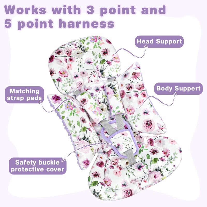 GFU 3-in-1 Infant Car Seat Insert, Soft Head and Body Support,Ultra & Strap Covers Set, Reversible Newborn Car Seat Cushion Pad for Baby Boy & Girl fits Stroller, Swing, Bouncer (Purple Flowers) - Image 3