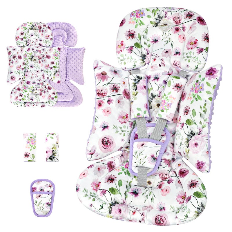 GFU 3-in-1 Infant Car Seat Insert, Soft Head and Body Support,Ultra & Strap Covers Set, Reversible Newborn Car Seat Cushion Pad for Baby Boy & Girl fits Stroller, Swing, Bouncer (Purple Flowers) - Image 1