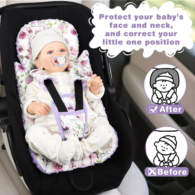 GFU 3-in-1 Infant Car Seat Insert, Soft Head and Body Support,Ultra & Strap Covers Set, Reversible Newborn Car Seat Cushion Pad for Baby Boy & Girl fits Stroller, Swing, Bouncer (Purple Flowers) - Image 5