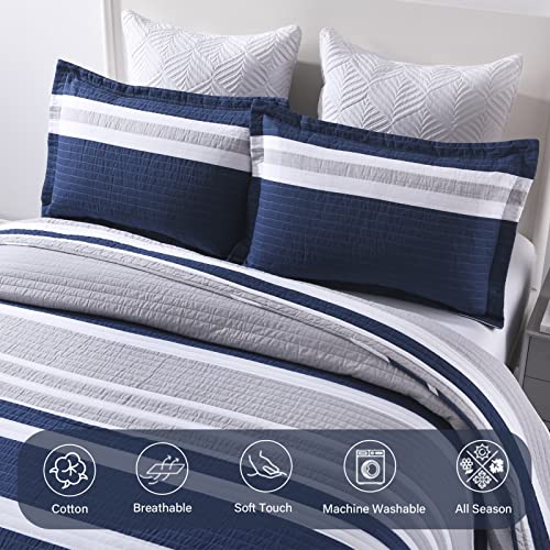 Finlonte 100% Cotton Queen Size Quilt, Navy Blue Striped Lightweight Summer Bedding Sets for All Season, 3 Pieces - Image 4