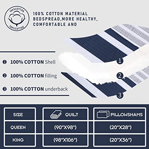 Finlonte 100% Cotton Queen Size Quilt, Navy Blue Striped Lightweight Summer Bedding Sets for All Season, 3 Pieces - Image 5