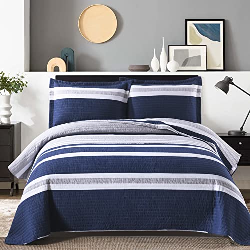 Finlonte 100% Cotton Queen Size Quilt, Navy Blue Striped Lightweight Summer Bedding Sets for All Season, 3 Pieces - Image 1