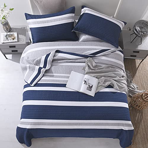 Finlonte 100% Cotton Queen Size Quilt, Navy Blue Striped Lightweight Summer Bedding Sets for All Season, 3 Pieces - Image 3