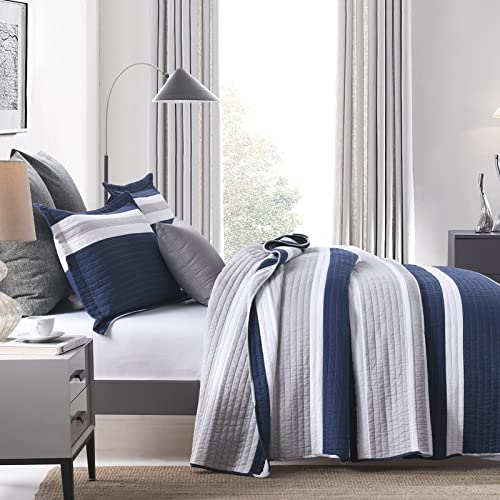 Finlonte 100% Cotton Queen Size Quilt, Navy Blue Striped Lightweight Summer Bedding Sets for All Season, 3 Pieces - Image 2
