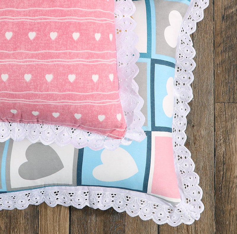 RD TREND® Cushion Covers 16x16 Inches Set of 5 | White Lace Border Decorative Cushion Cases | 310 TC Cotton Floral Printed Throw Pillow Covers for Sofa, Bed & Living Room-Pink Heart - Image 3