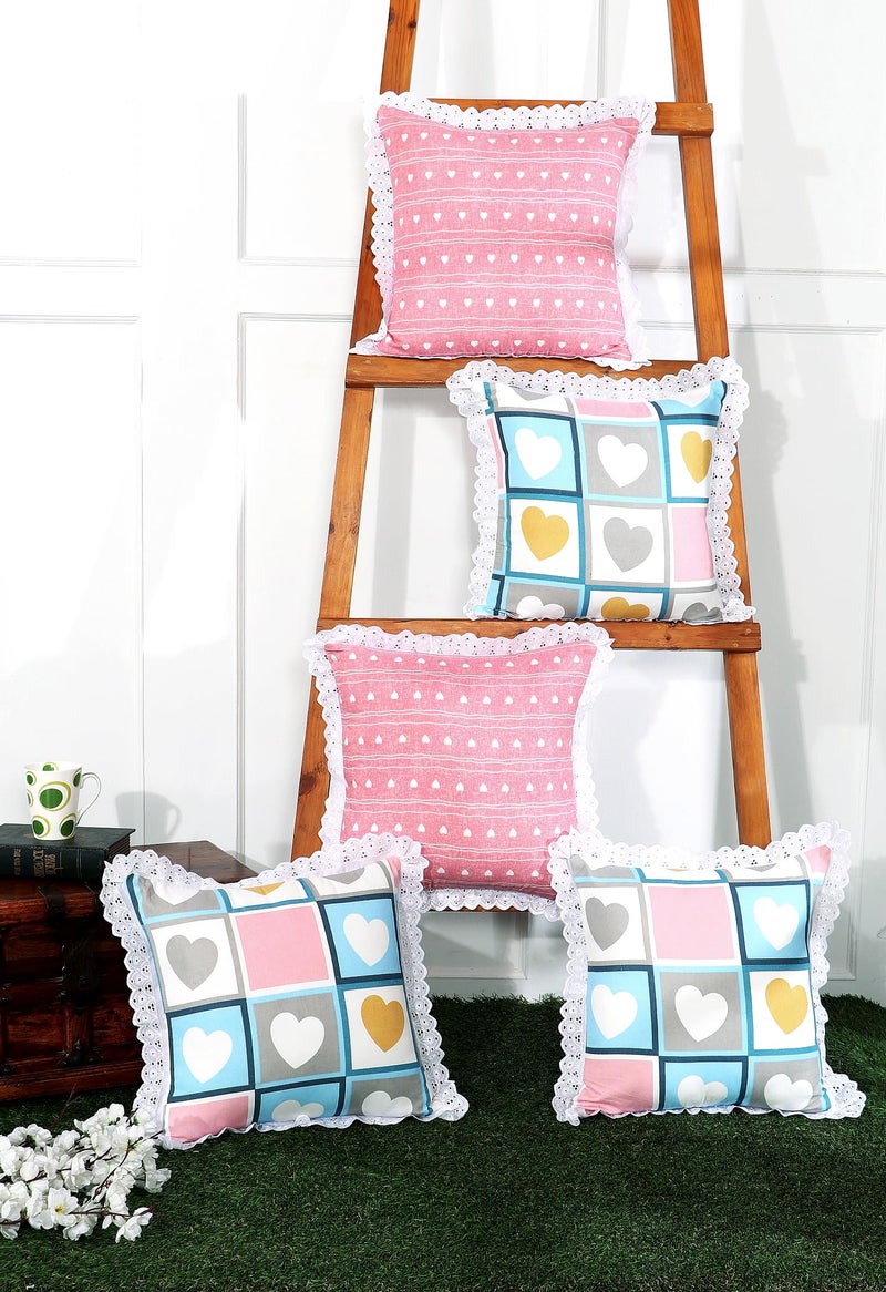 RD TREND® Cushion Covers 16x16 Inches Set of 5 | White Lace Border Decorative Cushion Cases | 310 TC Cotton Floral Printed Throw Pillow Covers for Sofa, Bed & Living Room-Pink Heart - Image 5