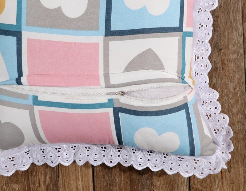 RD TREND® Cushion Covers 16x16 Inches Set of 5 | White Lace Border Decorative Cushion Cases | 310 TC Cotton Floral Printed Throw Pillow Covers for Sofa, Bed & Living Room-Pink Heart - Image 2