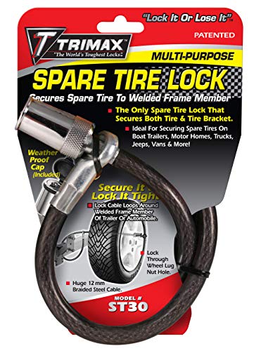 قفل كابل الإطار الاحتياطي Trimax ST30 Trimaflex بمفتاح دائري لقوارب المقطورات والمنازل المتنقلة والشاحنات والجيب والفانات والمزيد 36 × 12 مم أسود كروم
