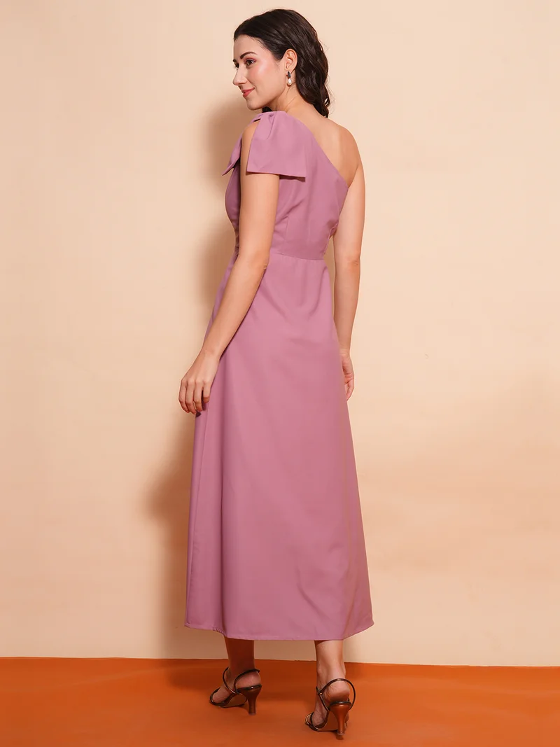 globus Women Solid One Shoulder A-Line Maxi Dress