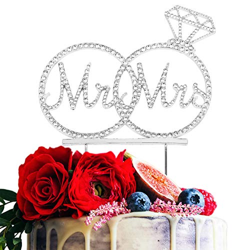 Hatcher lee Mr & Mrs Cake Topper For Wedding Anniversary Rings Crystal Rhinestone Party Decoration (Silver) - Image 1