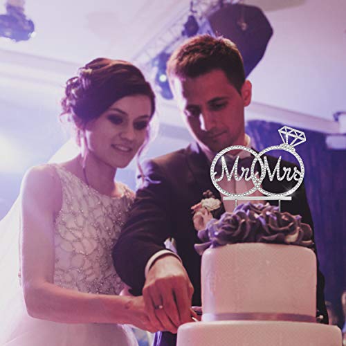 Hatcher lee Mr & Mrs Cake Topper For Wedding Anniversary Rings Crystal Rhinestone Party Decoration (Silver) - Image 5