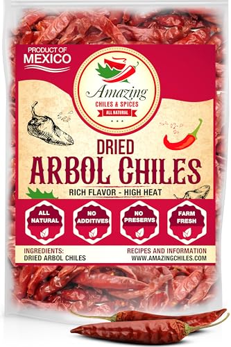 Amazing Chiles & Spices Chile De Arbol 4oz  Dried Whole Red Chili Peppers Premium All Natural Stemless Resealable Bag Use in Mexican Chinese and Thai Dishes Spicy Hot Heat Full of Flavor - Image 1