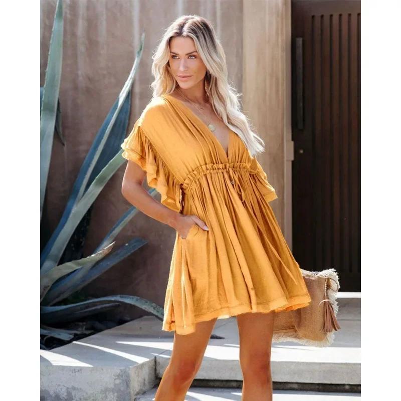 New European and American Bamboo Cotton Belt Beach Cover-Up Sun Protection Sexy Backless Dress Short Skirt Women's Swimsuit Outer Wear for Women(Apricot, All yards) - Image 4