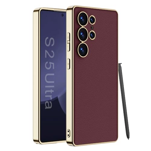 Midkart Leather Case Cover Compatible with Samsung Galaxy S25 Ultra Release 2025 Soft Electroplated Sides with Independent Camera Protection Case, Burgundy - Image 1