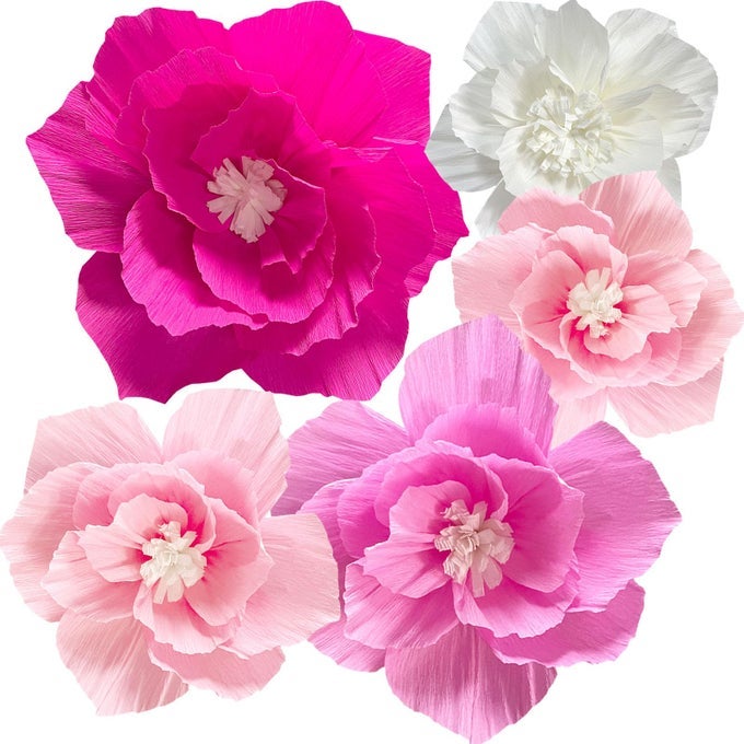 PINK PAPER FLOWERS ARTIFICIAL CREPE TISSUE HOT LIGHT PINK WHITE WALL DCOR WEDDING BIRTHDAY BRIDAL BABY SHOWER CLASSROOM NURSERY ROOM BACKDROP CENTERPIECES 5 PCS PARTY DECORATIONS SUPPLIES