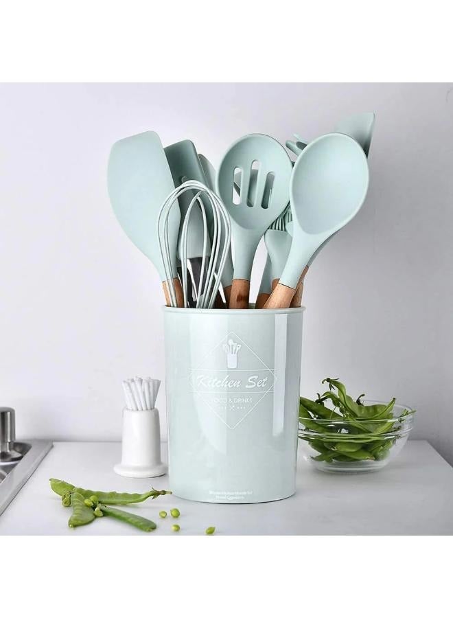 12 pieces silicone kitchen utensil set, wooden handle silicone cookware set, suitable for kitchen cooking, a set of heat-resistan, kitchen utensils, silicone tableware set, kitchen tools with storage bucket(Mint Green)  - Image 2