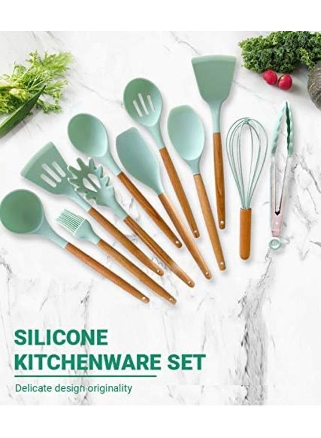 12 pieces silicone kitchen utensil set, wooden handle silicone cookware set, suitable for kitchen cooking, a set of heat-resistan, kitchen utensils, silicone tableware set, kitchen tools with storage bucket(Mint Green)  - Image 3